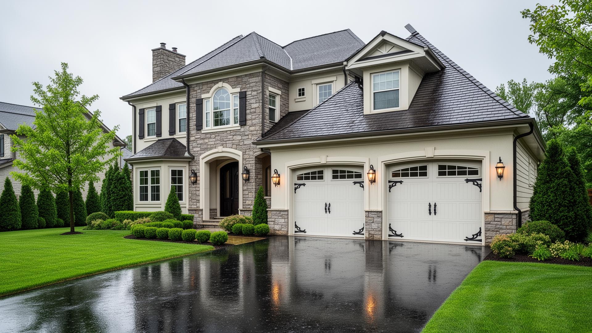 Beautiful suburban home with carriage house garage doors featuring decorative iron hardware in Huron, Ohio